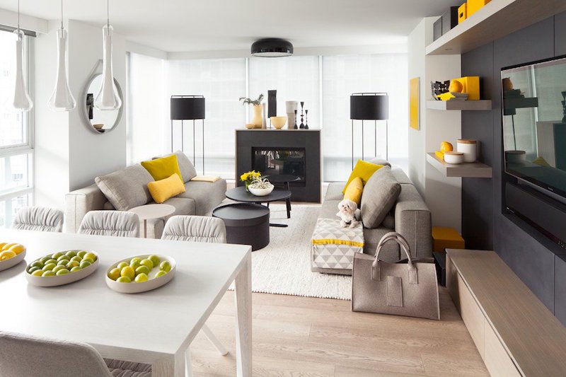 Deco salon scandinave gris jaune