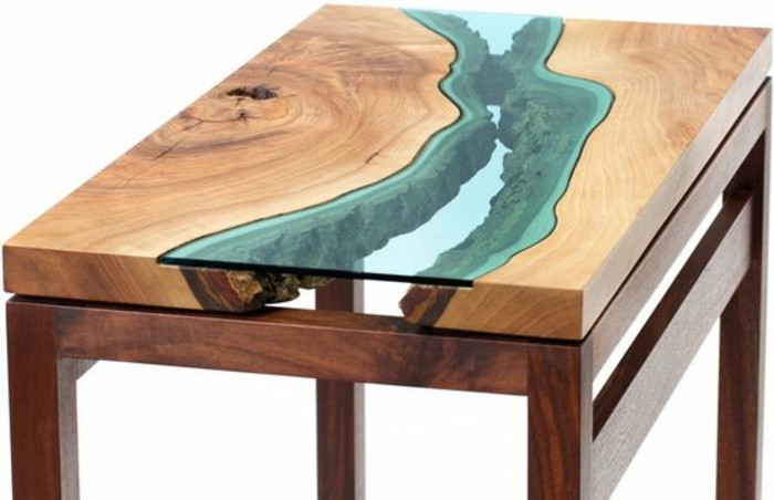 Table basse bois turquoise