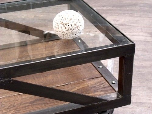 Table basse bois metal et verre