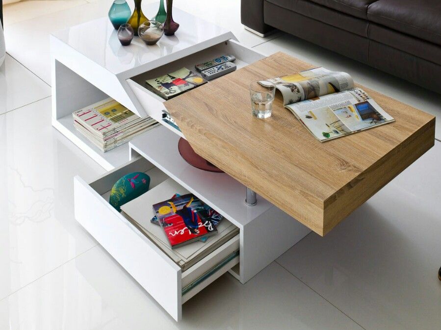 Table basse avec rangement coloris blanc laqué et bois