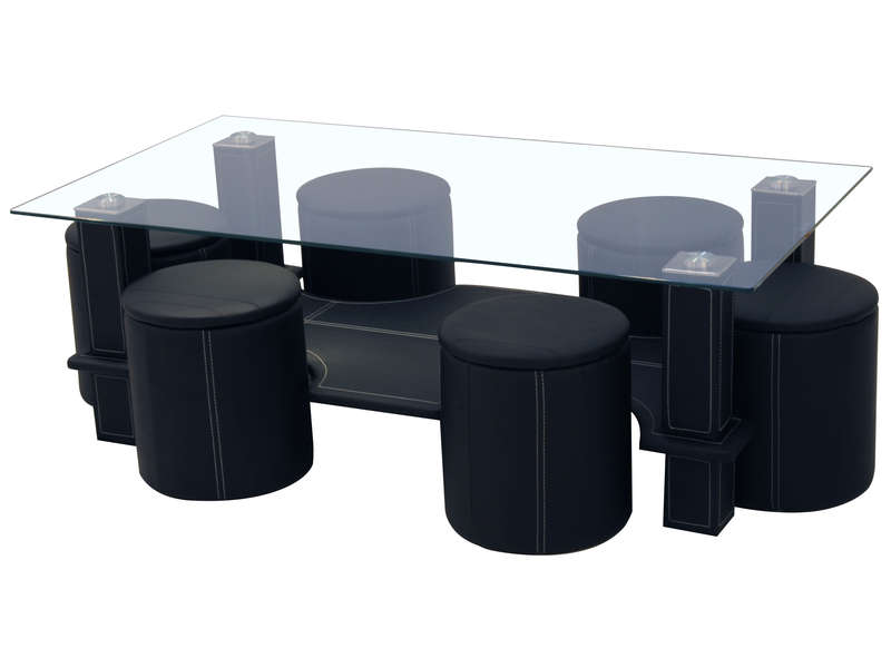 Table basse en verre avec pouf noir