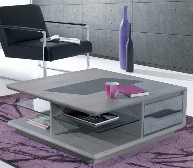 Table basse minela rectangulaire laquée avec rangements - gris et blanc