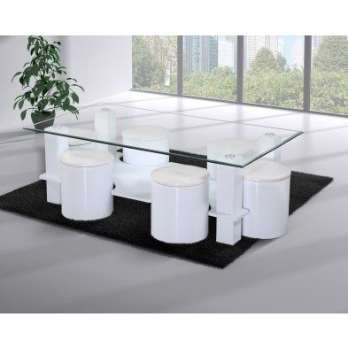 Table basse de salon en verre avec pouf