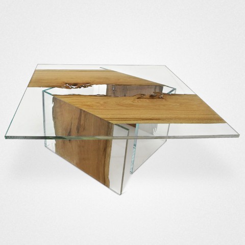 Table basse carrée bois et verre
