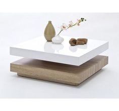 Table basse design blanc laqué et bois chêne spring
