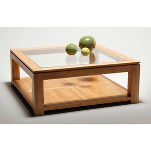 Table basse carrée en verre et bois