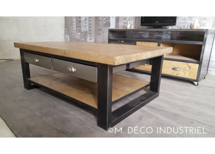 Table basse bois et metal avec tiroir