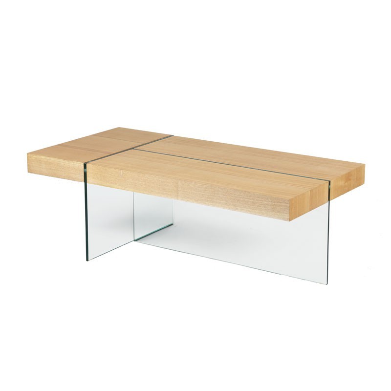 Table basse rectangulaire en verre et bois