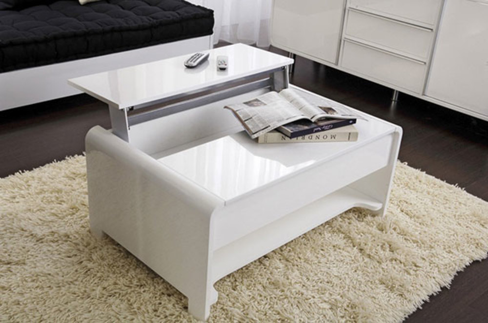 Table basse laqué blanc avec plateau relevable