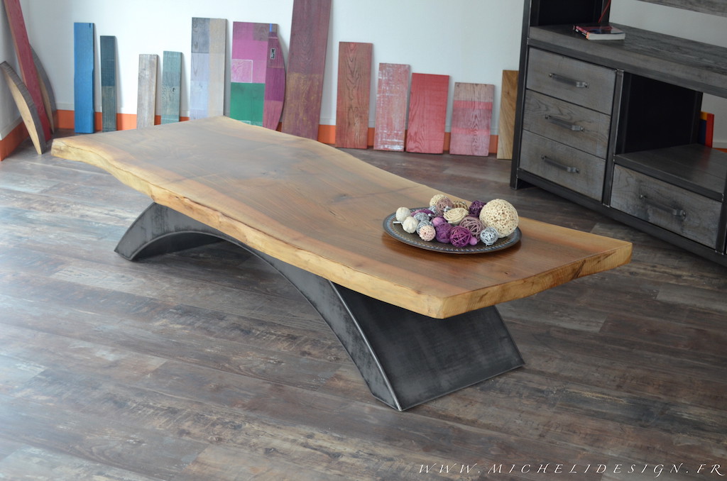 Table basse bois naturel verre