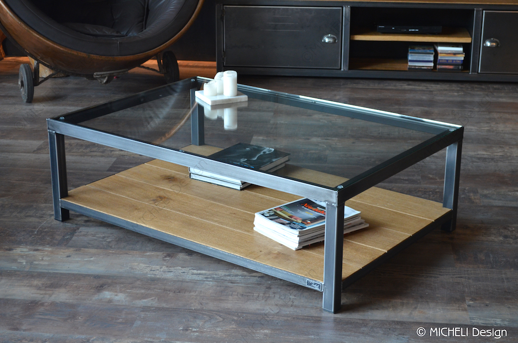 Table basse bois verre métal