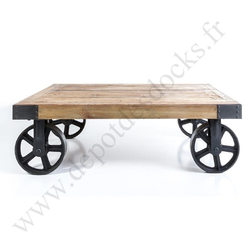 Table basse bois roue metal