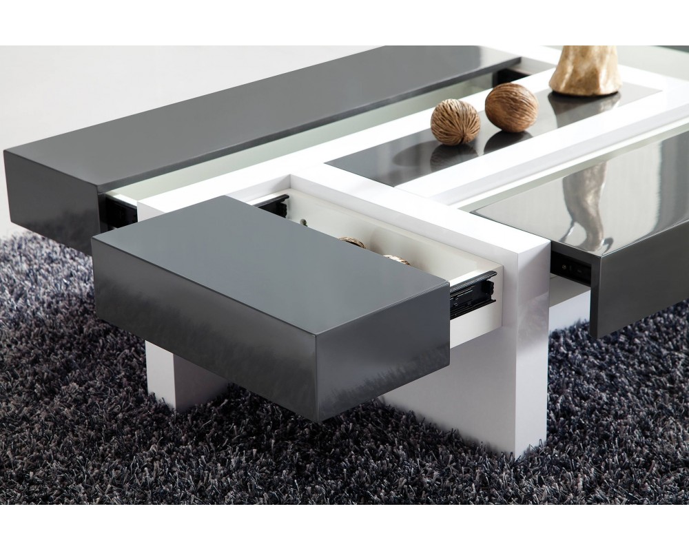 Table basse grise avec plateau bois