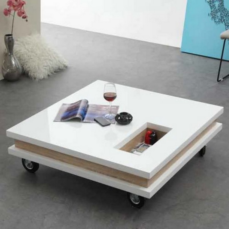 Table basse carrée blanc et bois