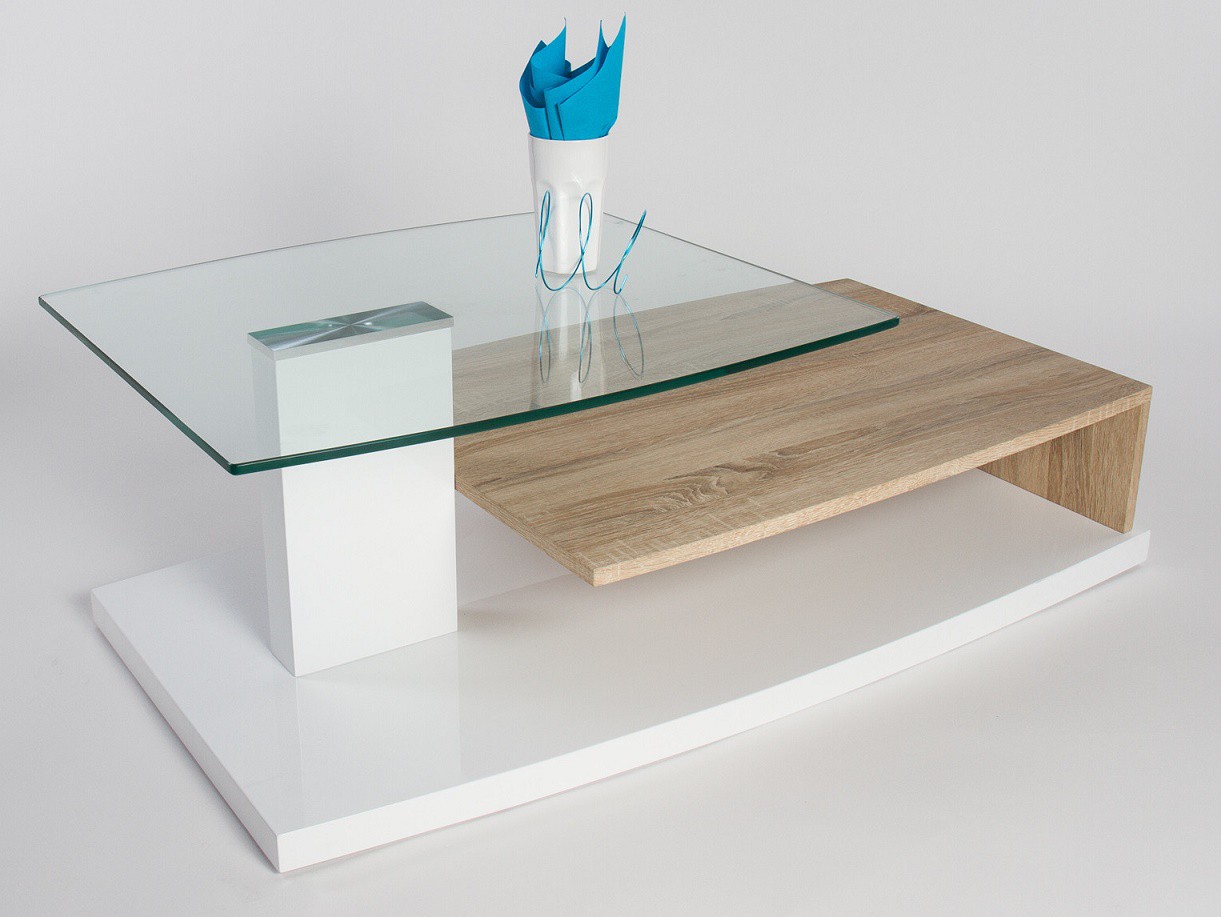 Table basse bois blanc verre