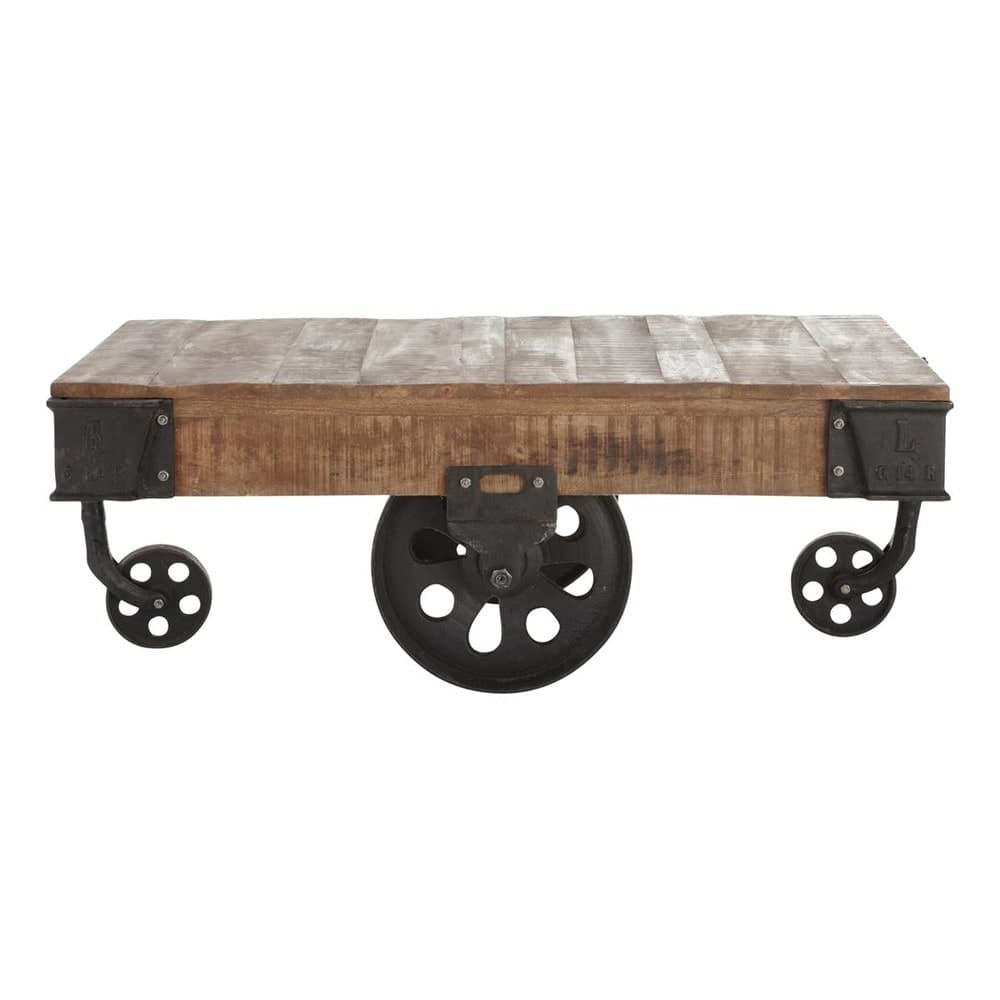Table basse avec roues bois de manguier brut