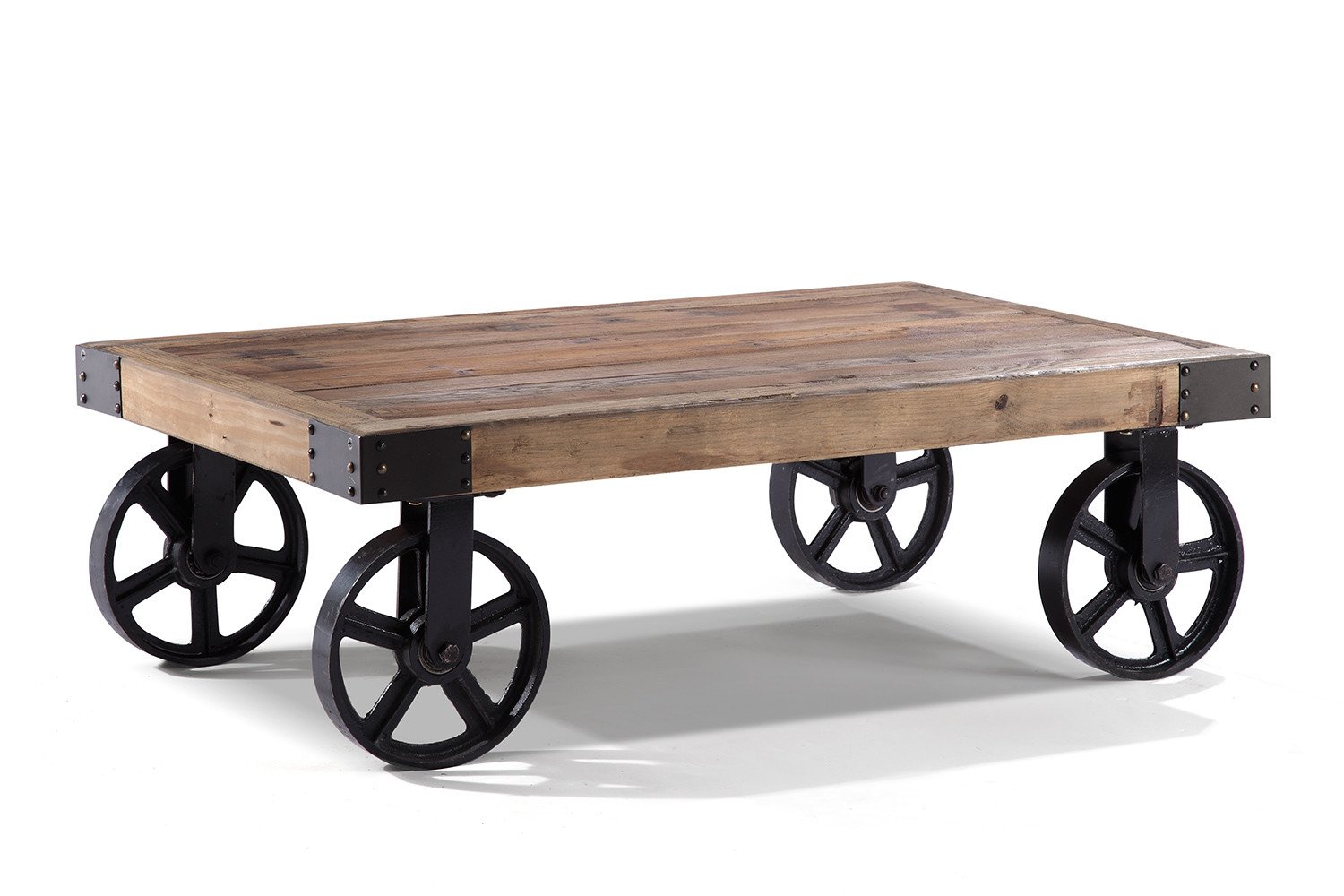 Table basse bois metal roue